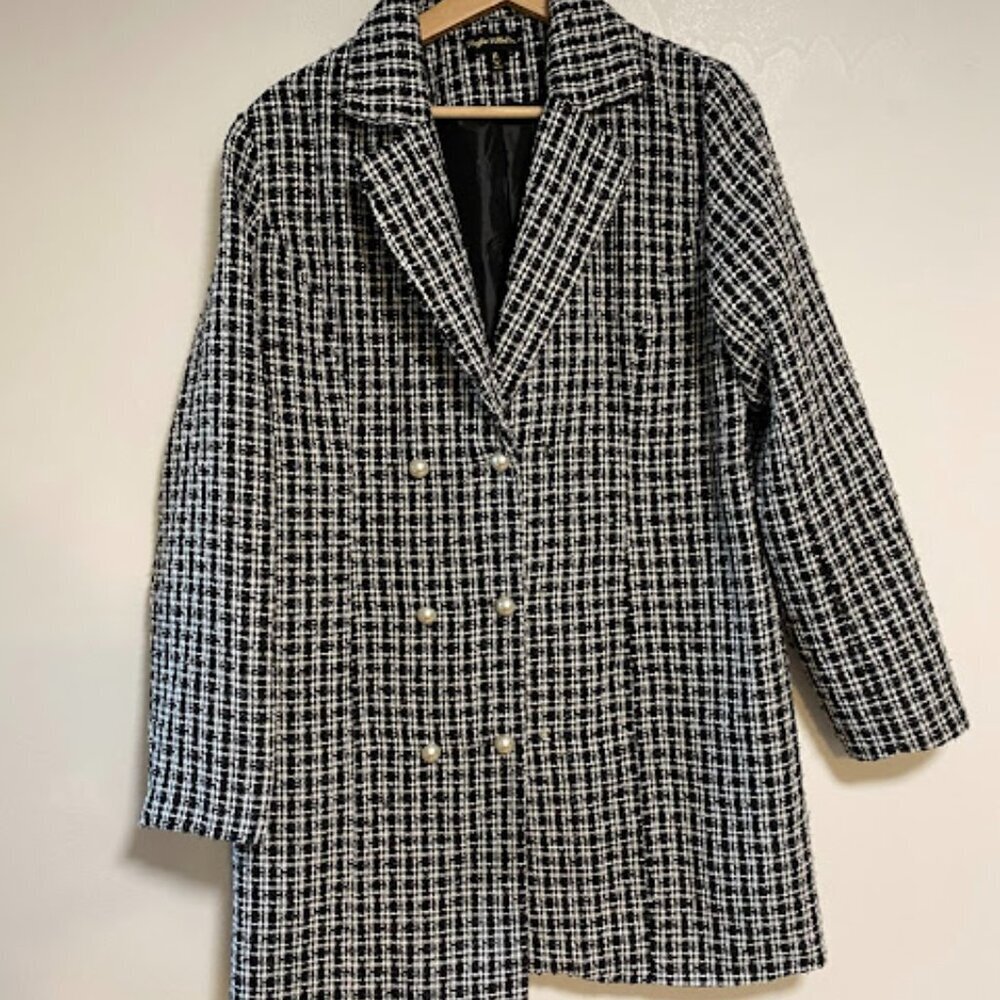 Kaylee Kollection Black & White Plaid Tweed Double-Breasted Coat Size M - Picture 3 of 9